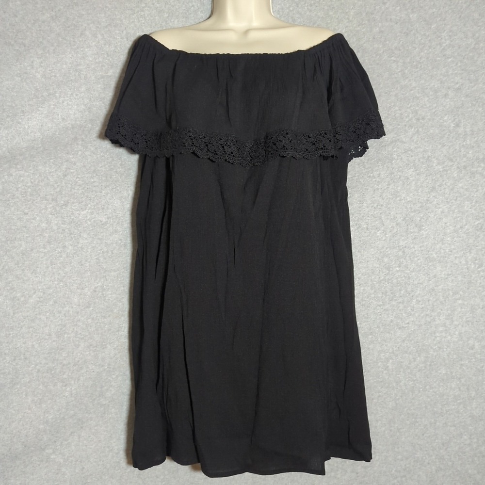Just Found 1X Black Off Shoulder Gauze Dress Crochet Trim Cottage Boho Summer